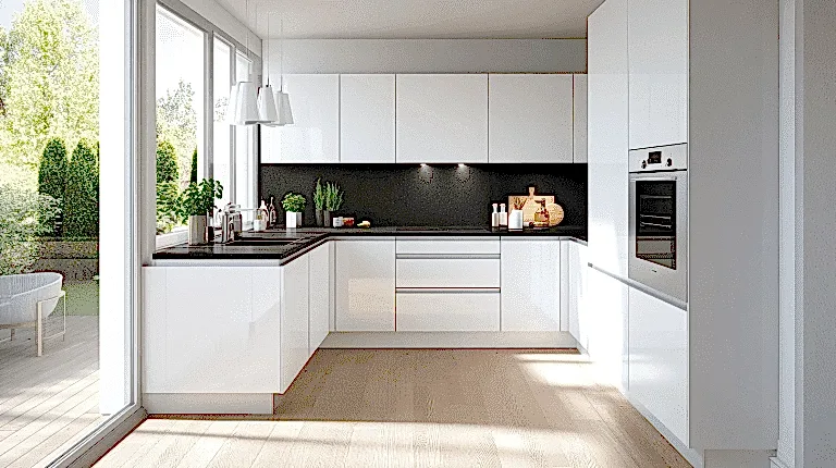 What Color Cabinets With Black Granite Countertops? 1 Modern kitchen with white cabinets and black granite countertops, featuring a clean, bright design with plenty of natural light.