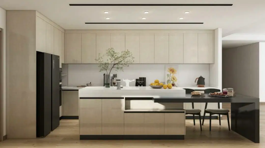 UAE Market 18 sleek kitchen remodel featuring light wood cabinetry, white island, black seating area, and recessed LED lighting