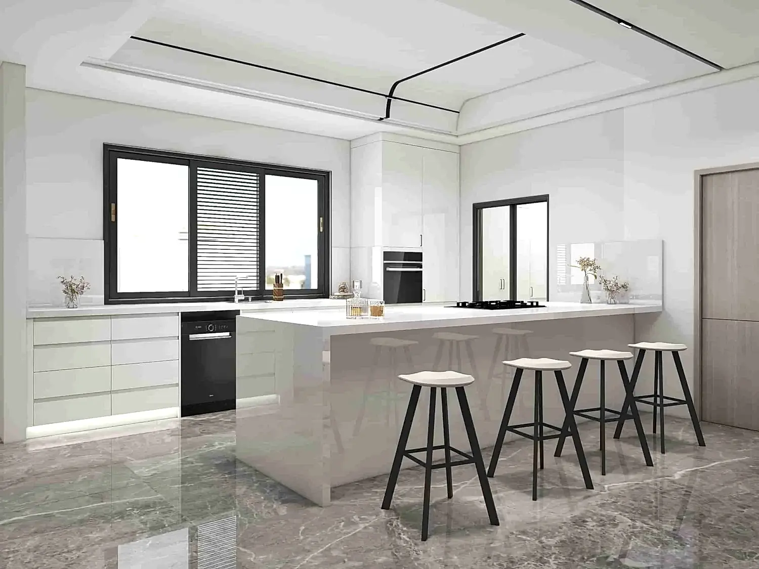 Minimalist Elegance Modern Grey Kitchen Cabinets in a Chic Gallery Layout