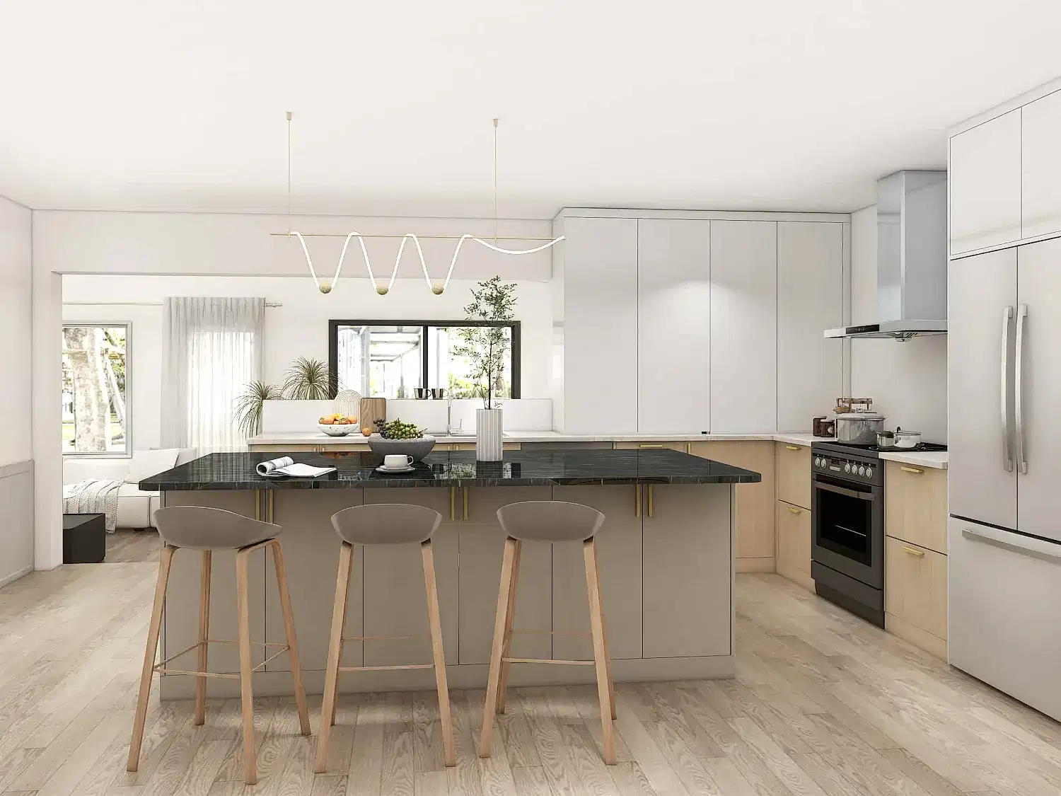 Modern Elegance Grey and Wood Two Tone Shaker Kitchen with Island Cabinets