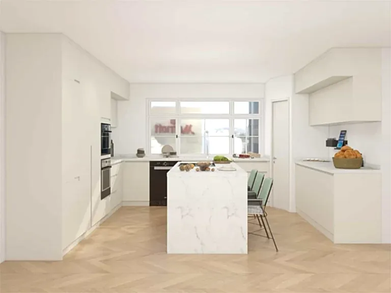 Modern U-Shaped Cream Colored Kitchen Cabinets