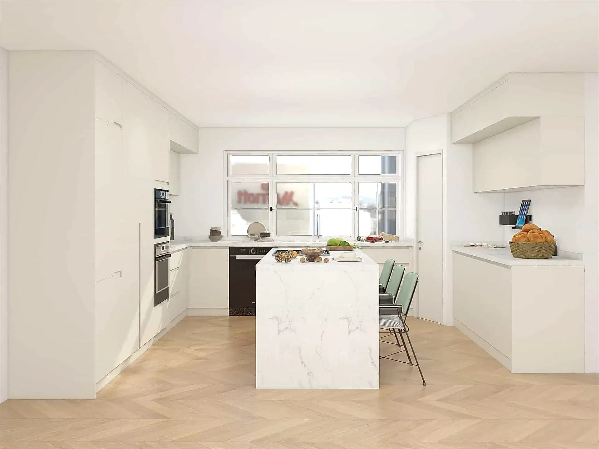 Modern U-Shaped Cream Colored Laminate Kitchen Cabinets 1 Modern U-Shaped Cream Colored Kitchen Cabinets