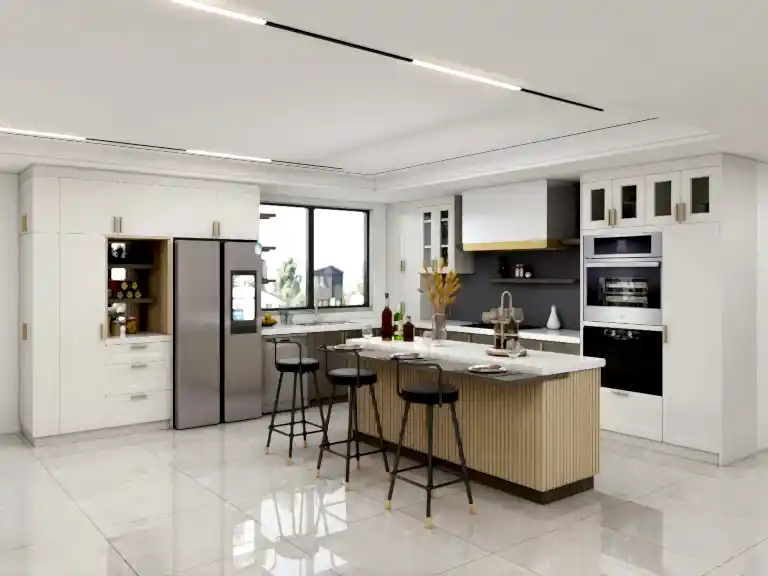 White Modern L-Shaped Grille Kitchen Cabinets with Island