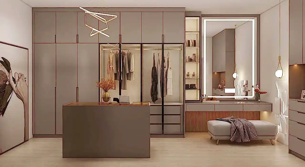 Home 6 Elegant Golden U-Shaped Walk In Closet with Glass Doors
