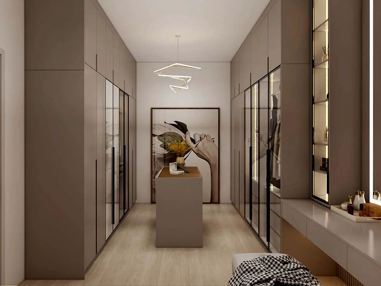 Walk In Closet 1 Elegant Golden U-Shaped Walk In Closet with Glass Doors