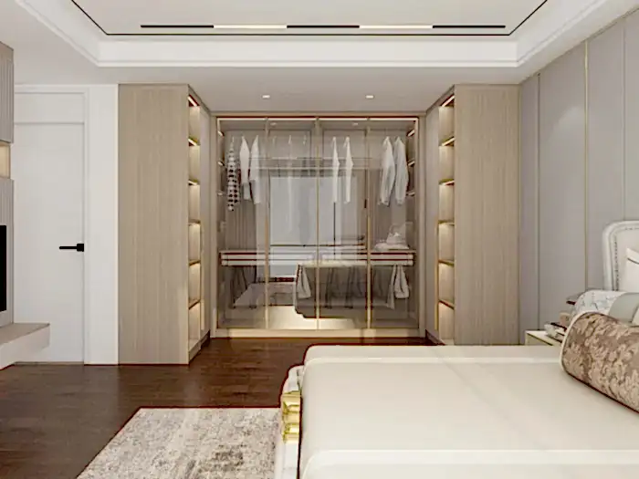Bedroom Wardrobe 6 Wood U-Shaped Sliding Door Wardrobe with Glass Doors