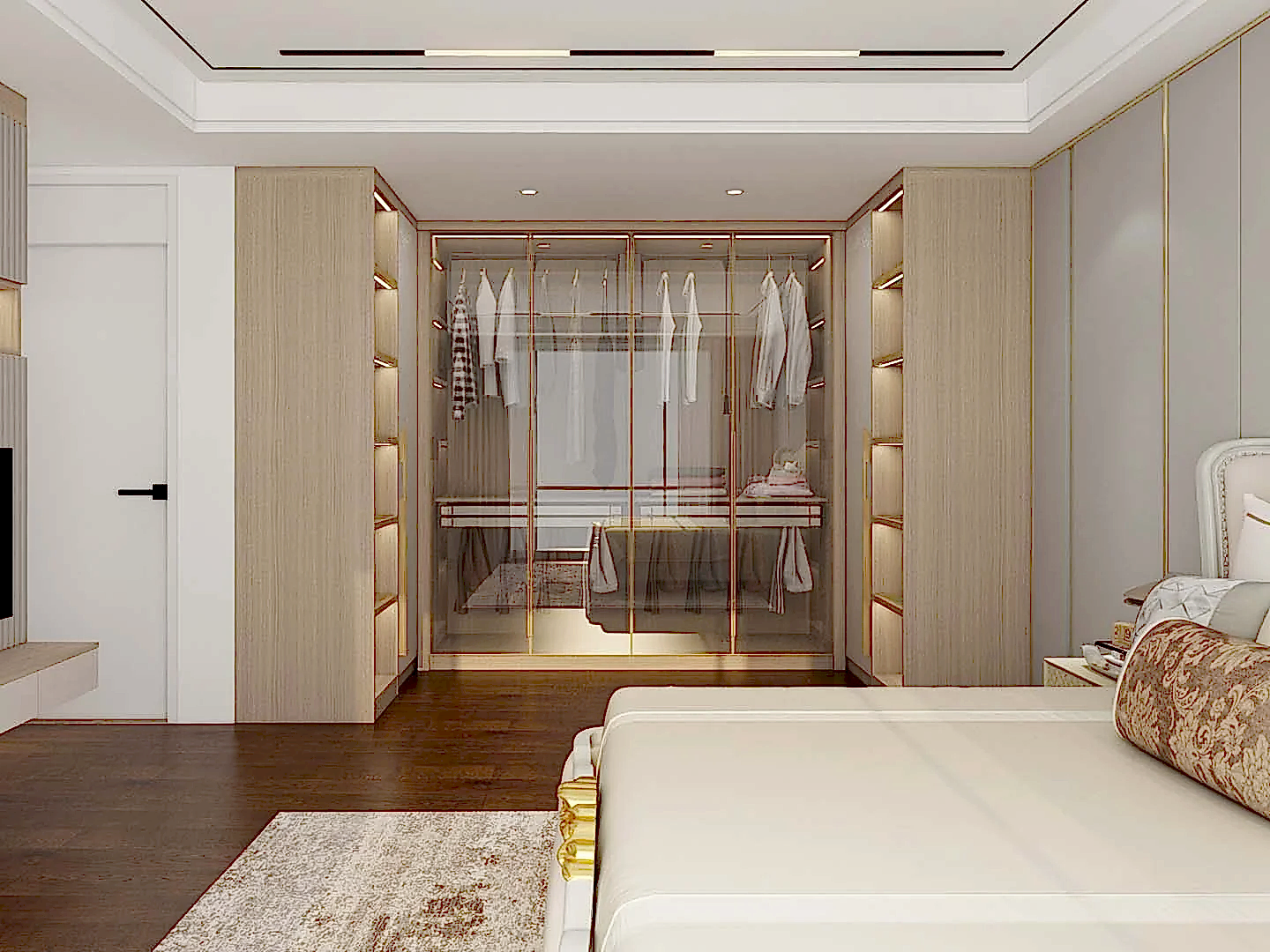 Wood U-Shaped Sliding Door Wardrobe with Glass Doors 1 Wood U-Shaped Sliding Door Wardrobe with Glass Doors