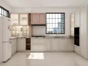 Elegant White Shaker Kitchen Cabinets with Soft Pink Accents