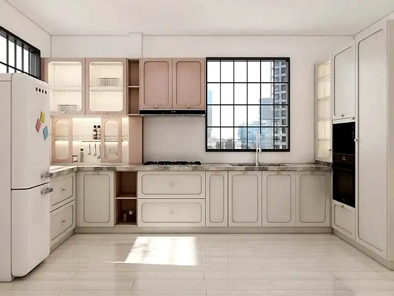 Elegant White Shaker Kitchen Cabinets with Soft Pink Accents