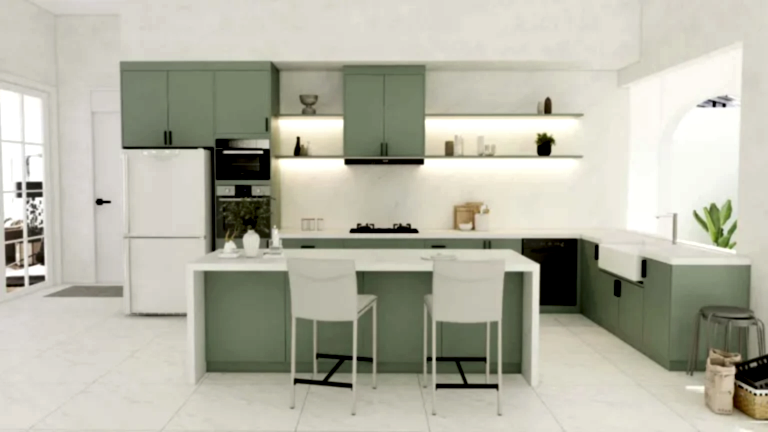 This bright and modern kitchen features sage green kitchen cabinets that create a calming atmosphere, paired with sleek white countertops and open shelving for a fresh and contemporary look.