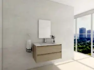 Chic Wood Veneer Bathroom Cabinets in Marble Setting