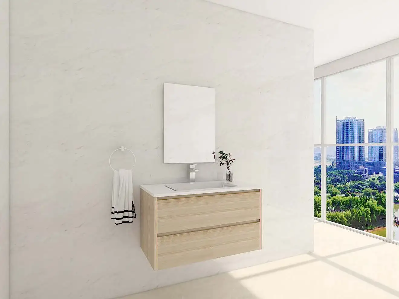 Chic Wood Veneer Bathroom Cabinets in Marble Setting 1 Chic Wood Veneer Bathroom Cabinets in Marble Setting