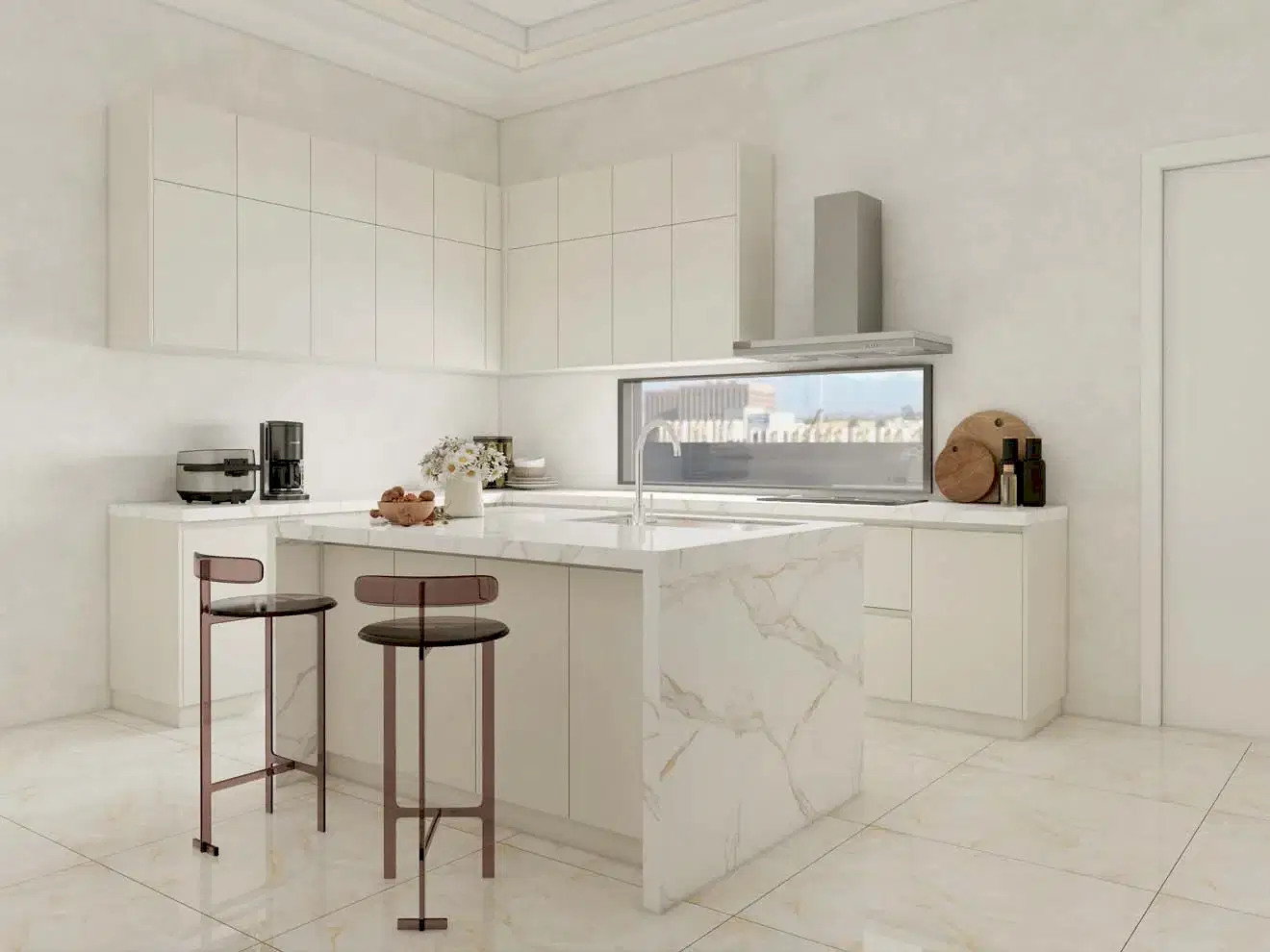 Bright and Sleek Modern White Kitchen Cabinets with Marble Island 1 Bright and Sleek Modern White Kitchen Cabinets with Marble Island