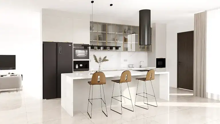 A sophisticated modern kitchen with glass front cabinets, combining lacquered MDF and PET finishes. The minimalist island and sleek integrated appliances bring elegance and functionality to the design.