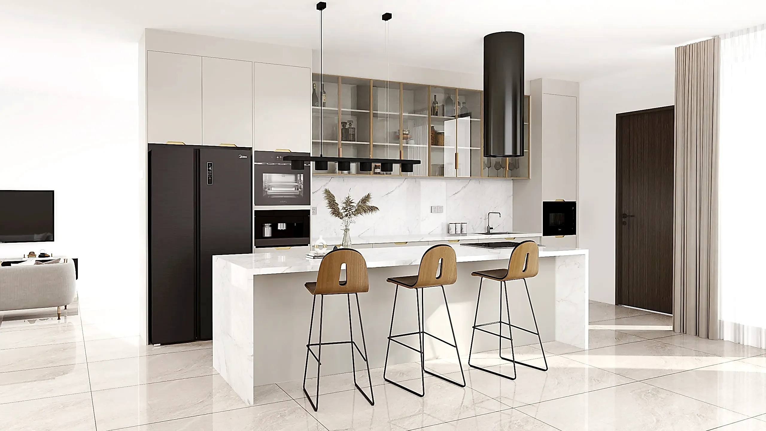 MDF Kitchen Cabinets 9 A sophisticated modern kitchen with glass front cabinets, combining lacquered MDF and PET finishes. The minimalist island and sleek integrated appliances bring elegance and functionality to the design.
