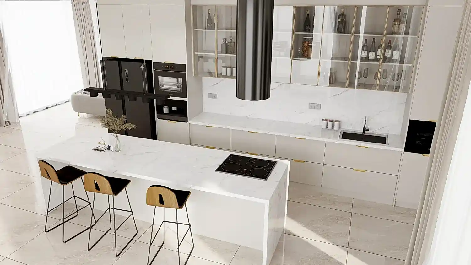 Modern Glass Front Cabinets with Sleek Design 3 A sophisticated modern kitchen with glass front cabinets, combining lacquered MDF and PET finishes. The minimalist island and sleek integrated appliances bring elegance and functionality to the design.