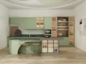 A stunning kitchen featuring sage green kitchen cabinets, crafted from lacquered MDF and melamine woodgrain finishes. The curved island and open shelving add functionality and timeless elegance.