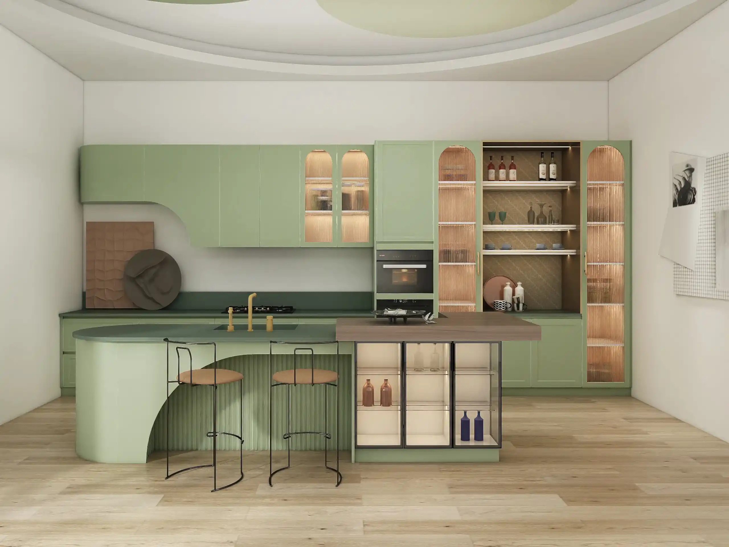 MDF Kitchen Cabinets 12 A stunning kitchen featuring sage green kitchen cabinets, crafted from lacquered MDF and melamine woodgrain finishes. The curved island and open shelving add functionality and timeless elegance.