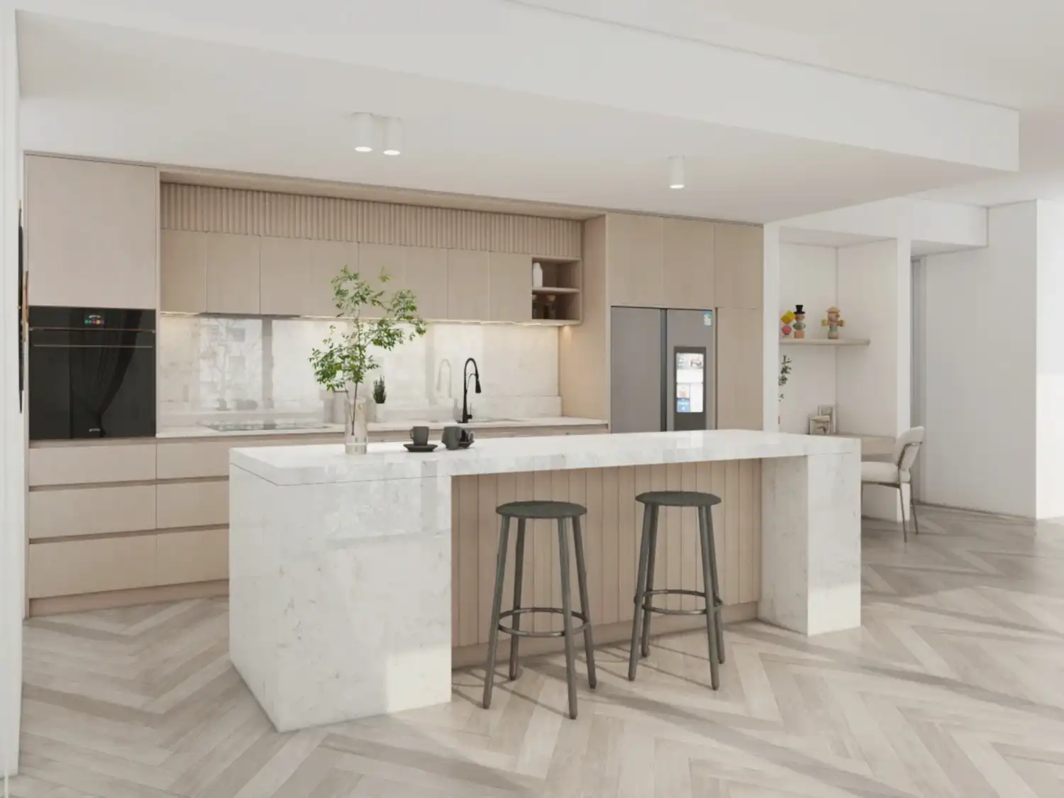 Wood Grain Kitchen Cabinets with Marble Island 3 A modern kitchen featuring wood grain kitchen cabinets, crafted from particle board with a melamine finish. The marble island complements the warm wood tones, offering a stylish and functional cooking space.