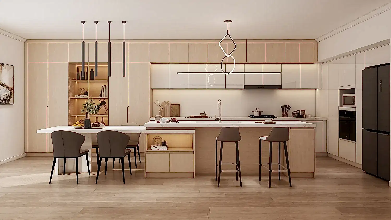 A sophisticated kitchen featuring modern light wood kitchen cabinets with melamine finishes and matte white lacquered accents. The spacious island and integrated dining table bring functionality and elegance to the design.