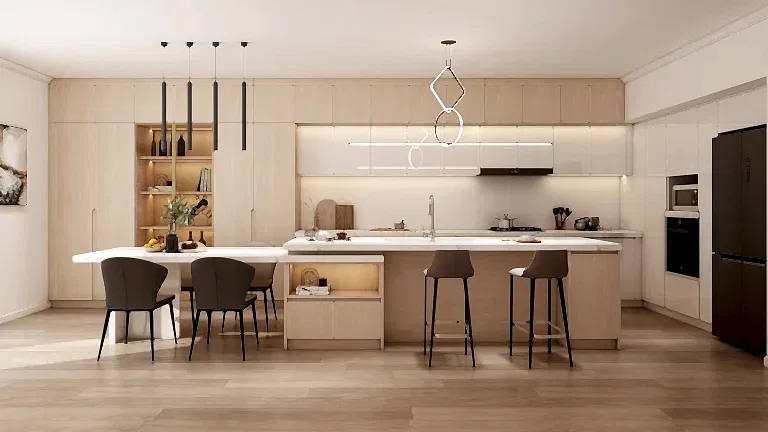 A sophisticated kitchen featuring modern light wood kitchen cabinets with melamine finishes and matte white lacquered accents. The spacious island and integrated dining table bring functionality and elegance to the design.