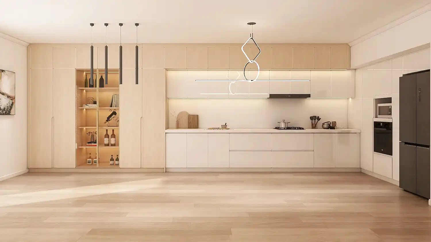 Modern Light Wood Kitchen Cabinets with White Touches 2 A sophisticated kitchen featuring modern light wood kitchen cabinets with melamine finishes and matte white lacquered accents. The spacious island and integrated dining table bring functionality and elegance to the design.