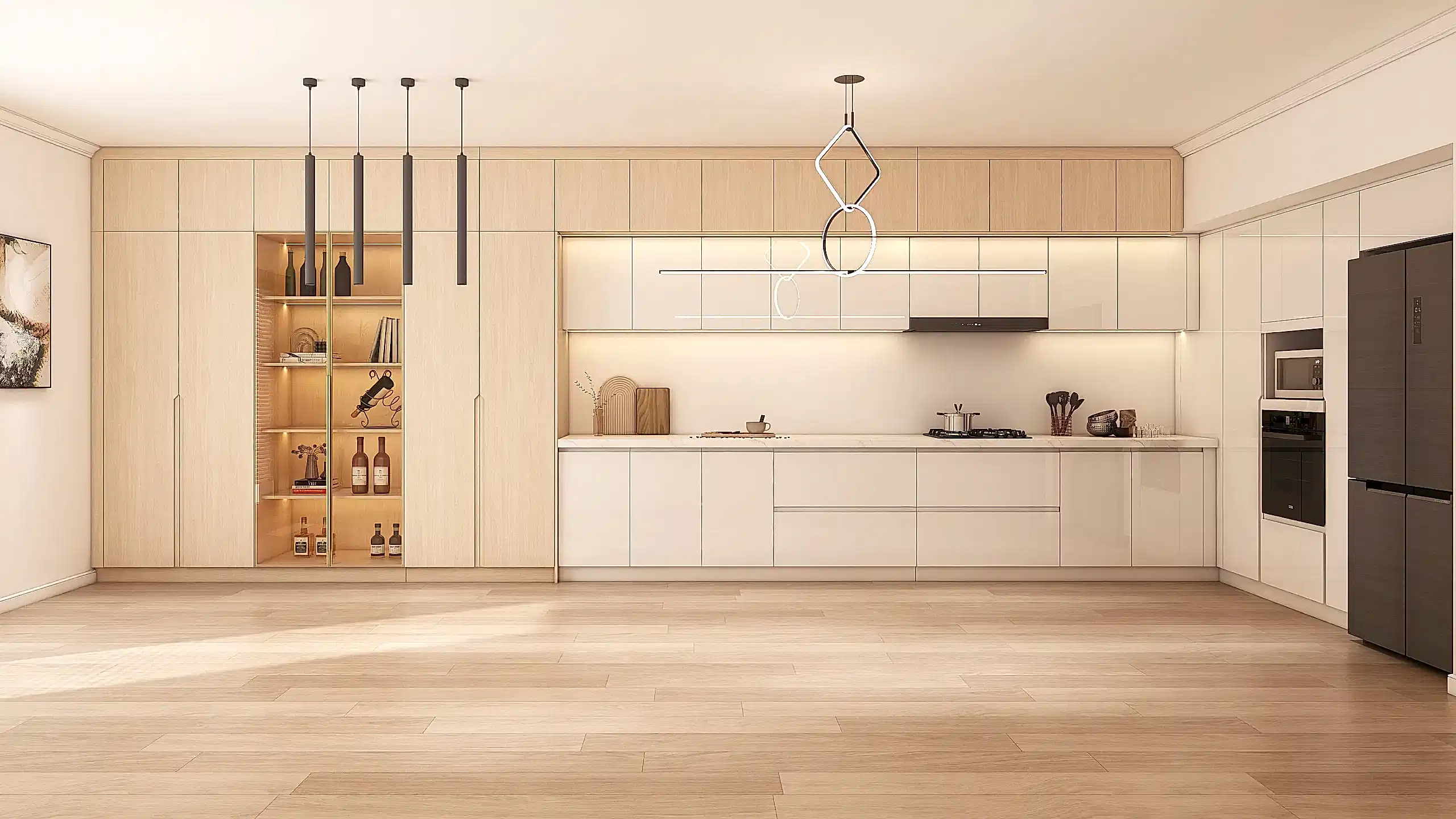 Lacquer Kitchen Cabinets 16 A sophisticated kitchen featuring modern light wood kitchen cabinets with melamine finishes and matte white lacquered accents. The spacious island and integrated dining table bring functionality and elegance to the design.
