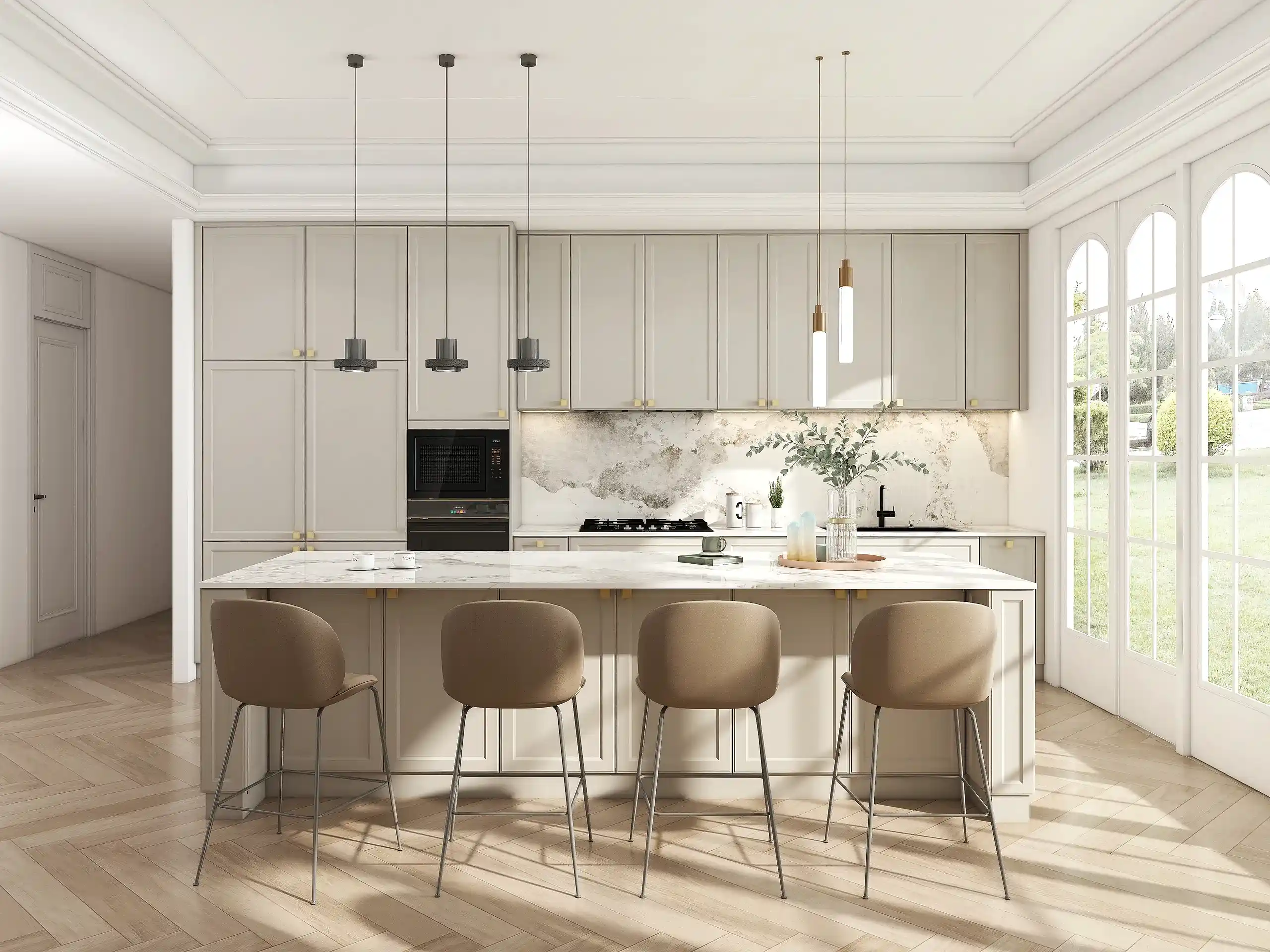 Neutral Slim Shaker Cabinets with Classic Appeal 1 A sophisticated kitchen featuring slim shaker cabinets in a soft beige lacquer finish. The handle-visible design adds a classic touch, while the marble countertop enhances luxury and elegance.