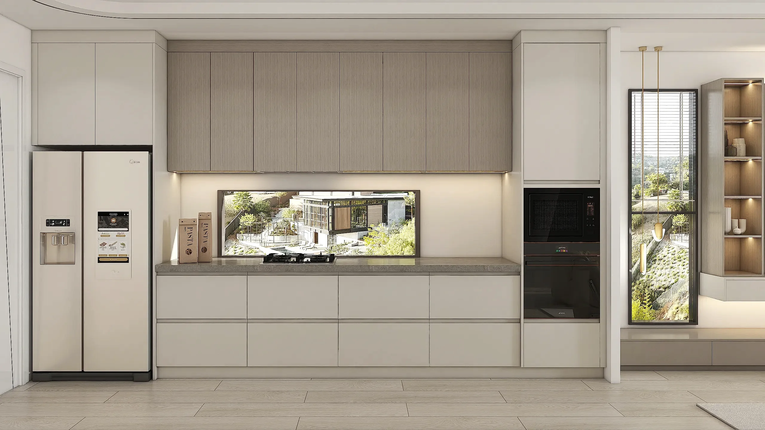 MDF Kitchen Cabinets 10 A contemporary luxury modern kitchen cabinets with matt finish, featuring handleless MDF doors in soft beige, paired with woodgrain particle board for the island, offering elegance and functionality.