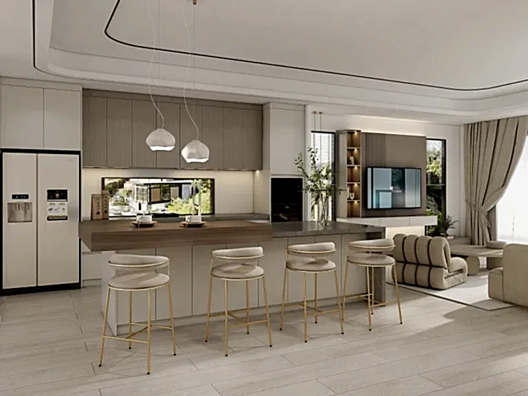 Indonesian Cabinet Manufacturer 31 A contemporary luxury modern kitchen cabinets with matt finish, featuring handleless MDF doors in soft beige, paired with woodgrain particle board for the island, offering elegance and functionality.