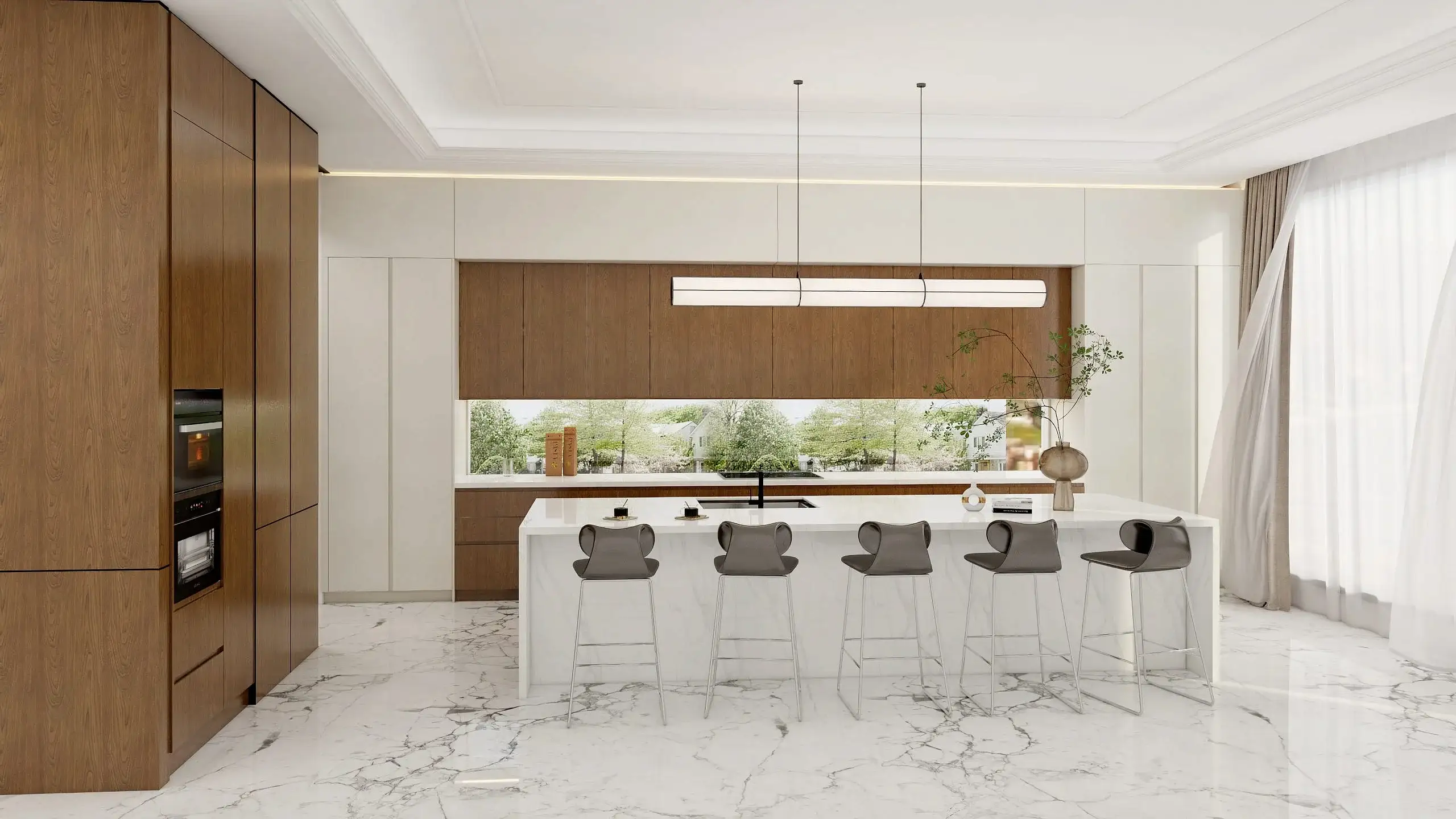 Wood Veneer Cabinets 10 Walnut-Finish-Cabinets-with-High-Gloss-Island-in-Modern-Kitchen