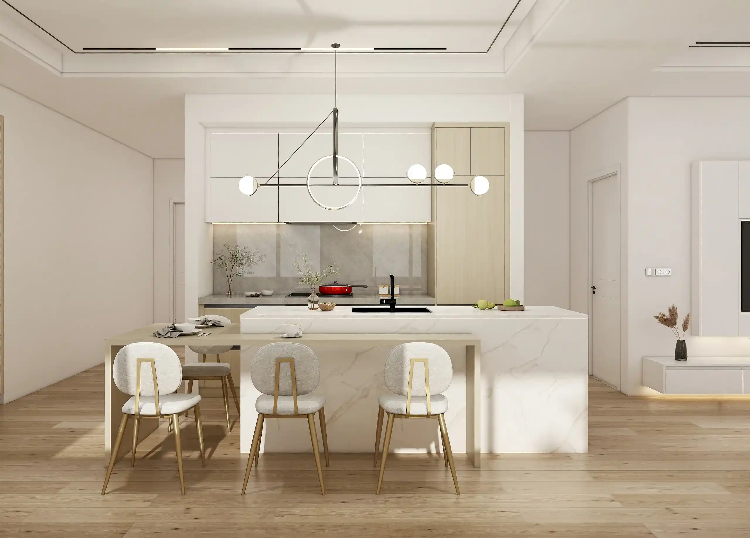 Melamine Kitchen Cabinets 14 Bright kitchen featuring light melamine cabinets and a multifunctional island