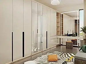 Lemari Pakaian Kustom Minimalis dengan Finishing Melamine Putih Elegan
