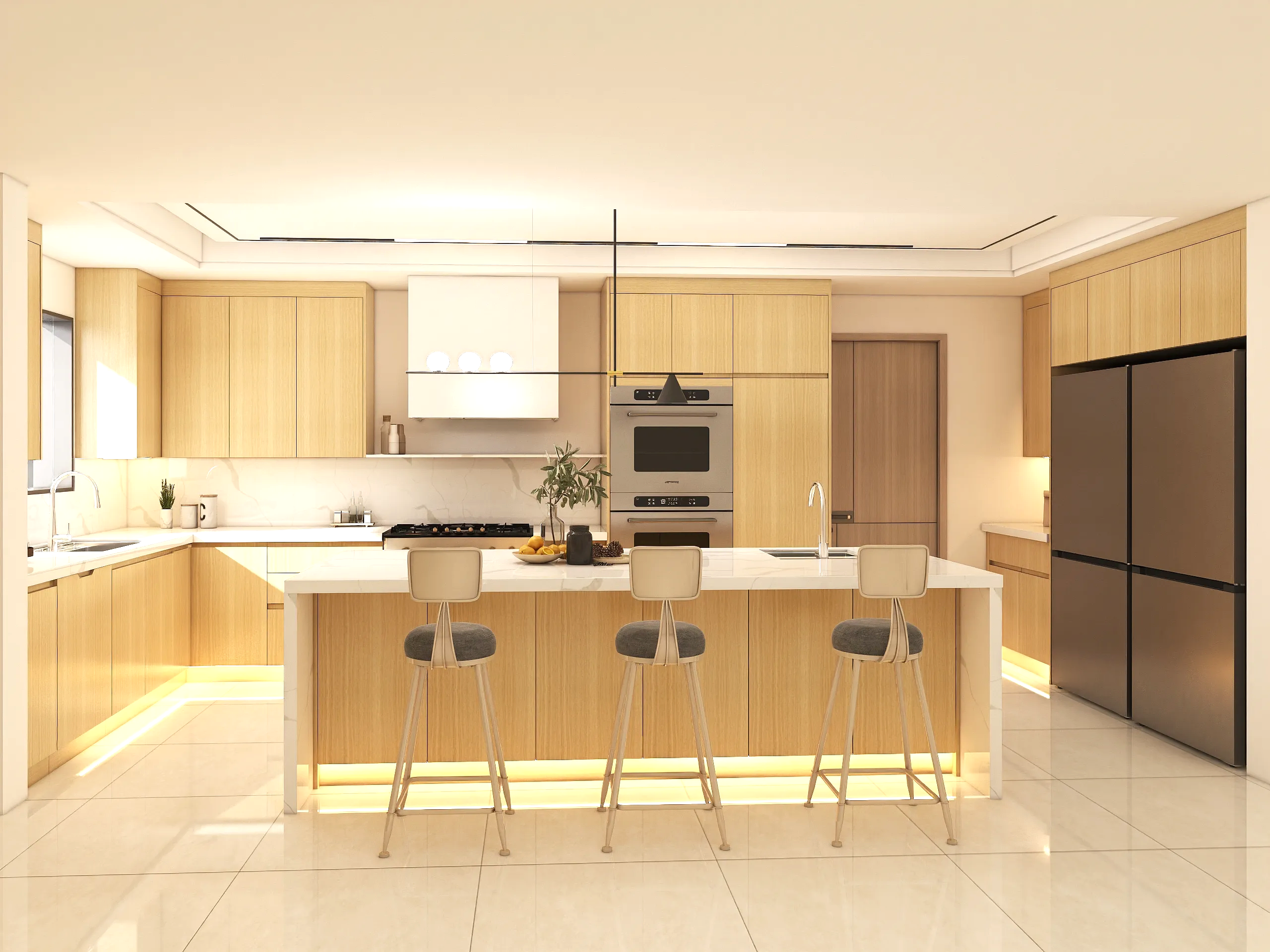 Wood Veneer Cabinets 12 Light wood veneer cabinets with sleek marble countertops under-cabinet lighting