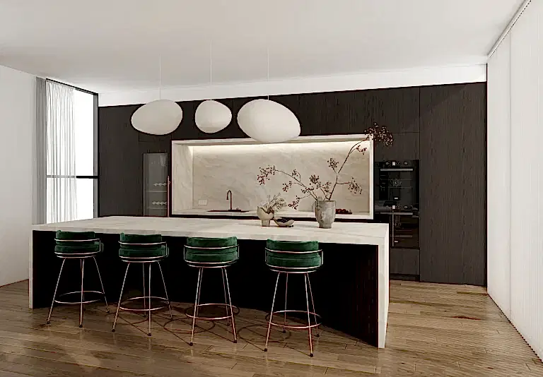 Product 11 Dark wood veneer cabinets with clean lines and sleek design modernize the kitchen space