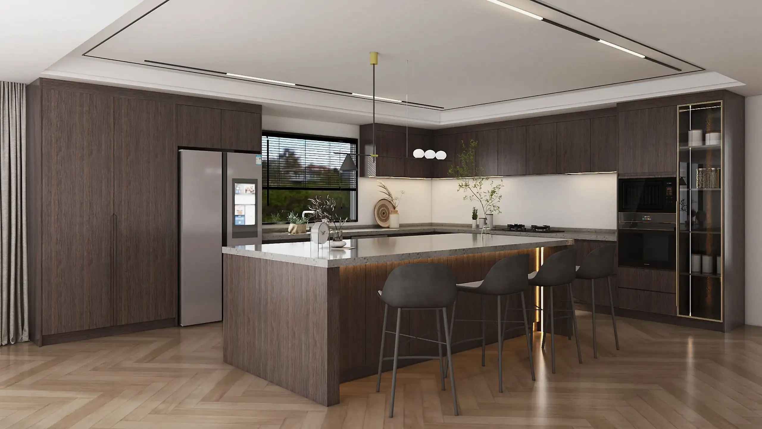 Wood Veneer Cabinets 15 Smoked wood veneer cabinets with sleek marble countertops under-cabinet lighting, and modern design elements