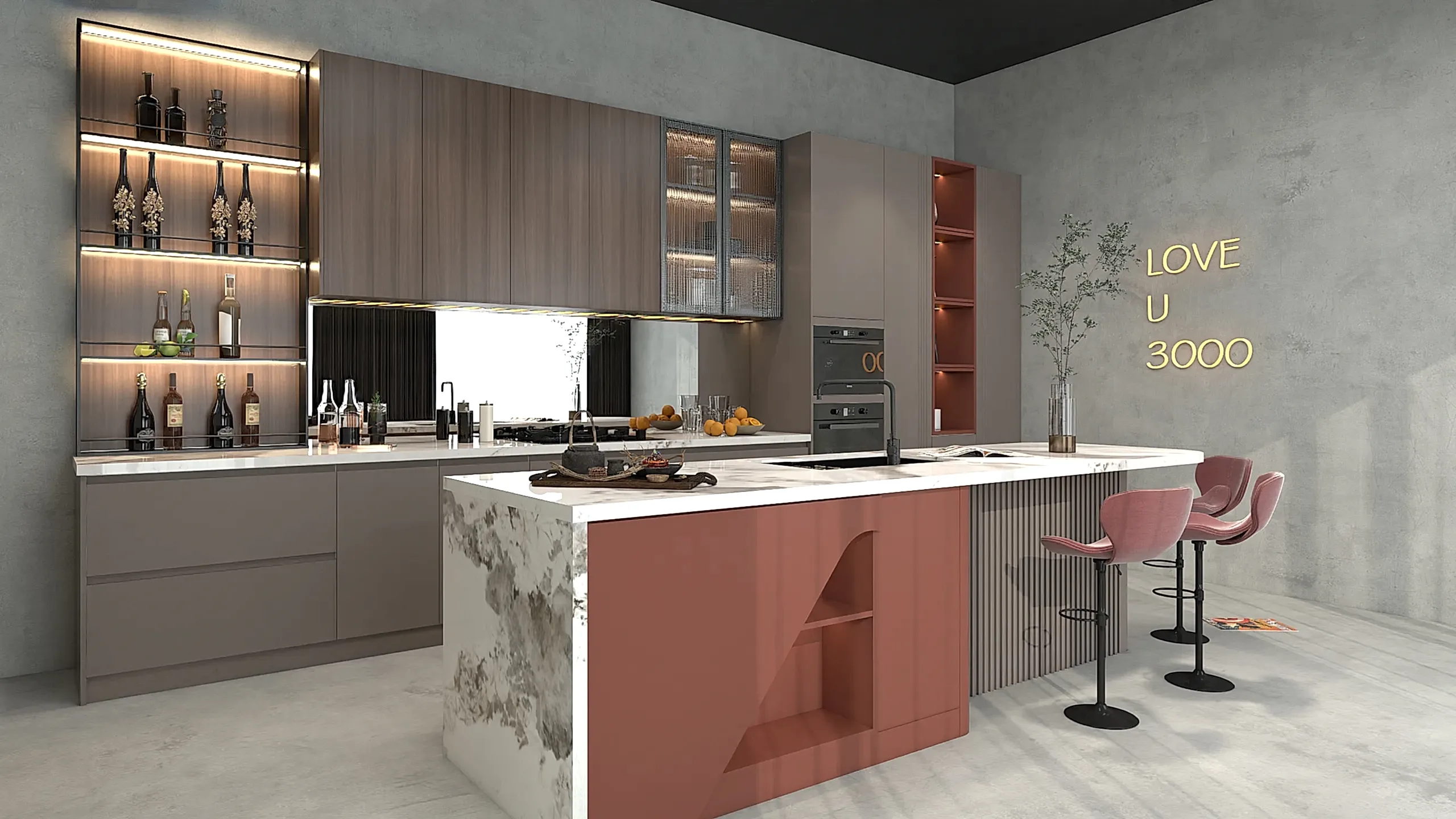 Lacquer Kitchen Cabinets 9 Warm Terracotta Lacquer Cabinets With Island And Open Shelves