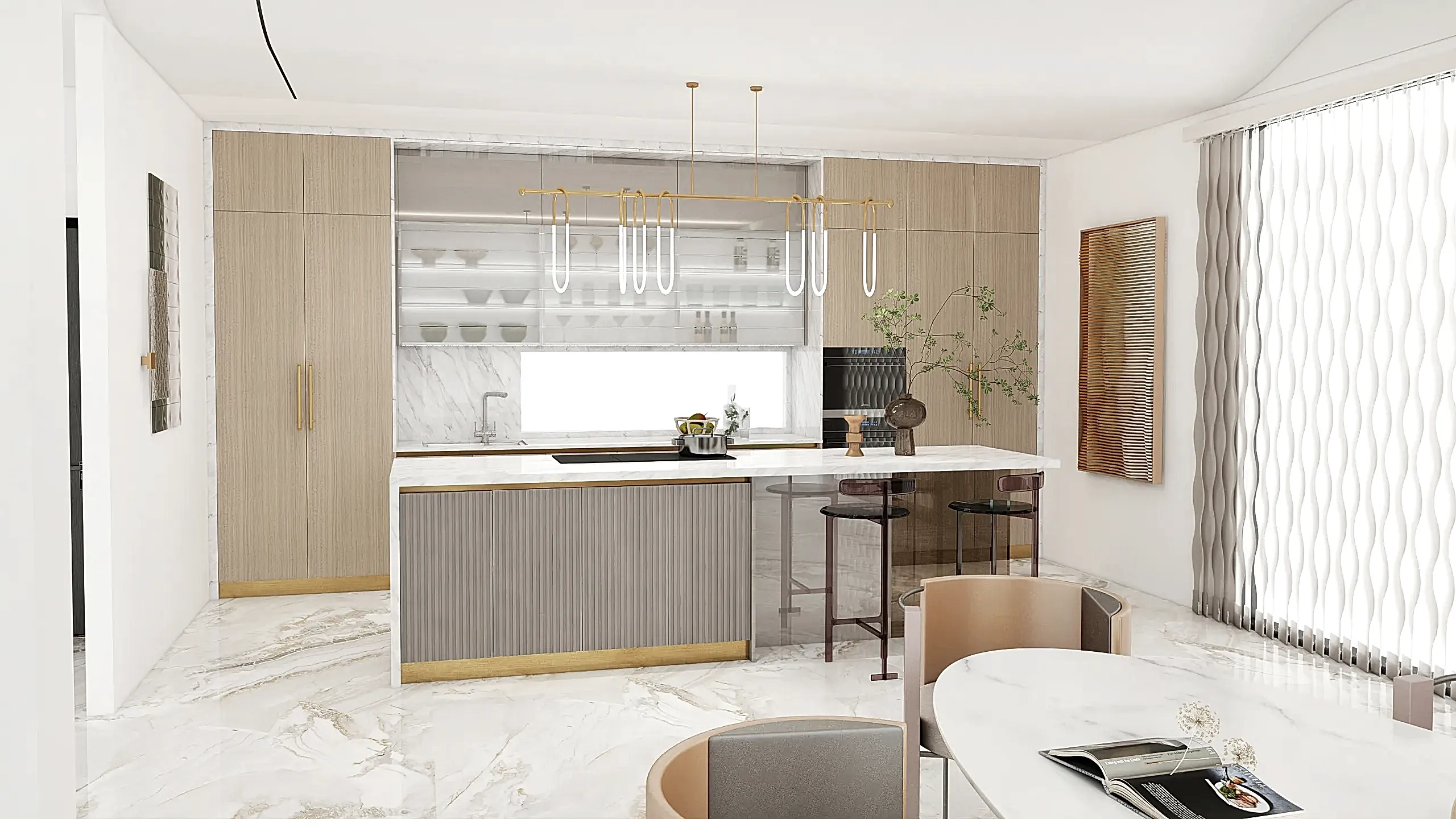 Wood Veneer Cabinets 13 Wood veneer and marble kitchen featuring modern glass shelves sleek lines and stylish lighting fixtures
