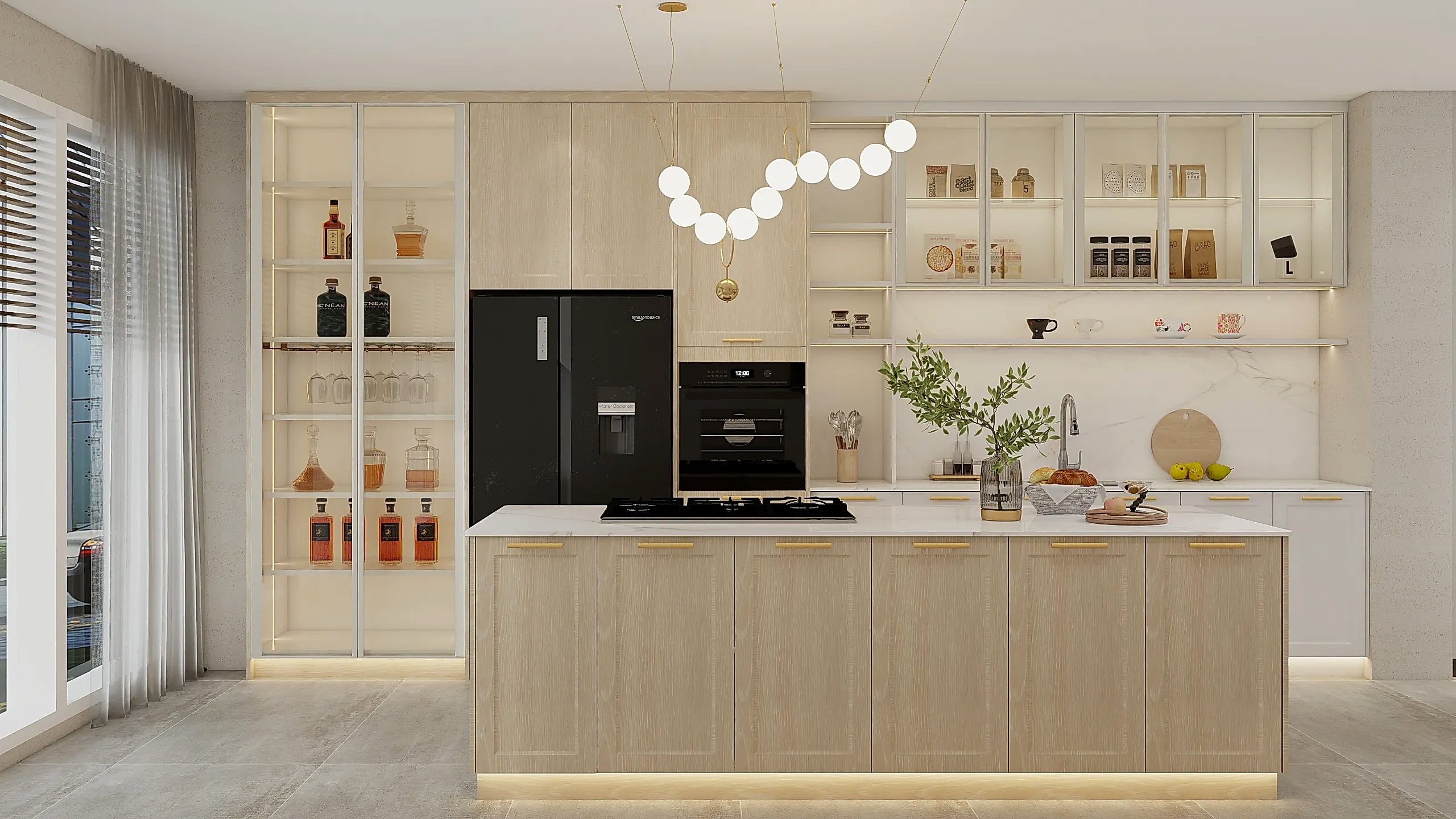 Wood Veneer Cabinets 14 Wood veneer kitchen cabinets with glass fronted shelves modern lighting, and a sleek marble countertop