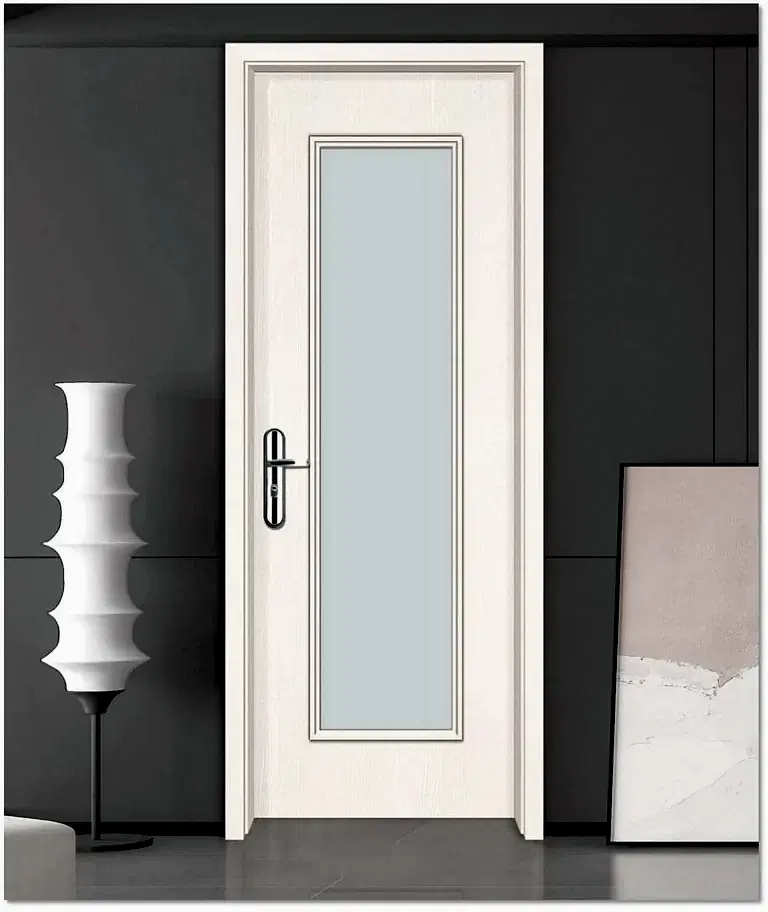Product 4 Modern laminated glass door with a sleek white frame, installed in a contemporary interior with a minimalist design.