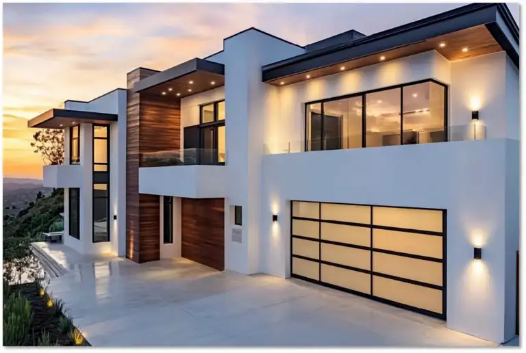Product 2 Modern home exterior with a sleek, durable garage door, featuring stylish black and white design, large windows, and contemporary architecture
