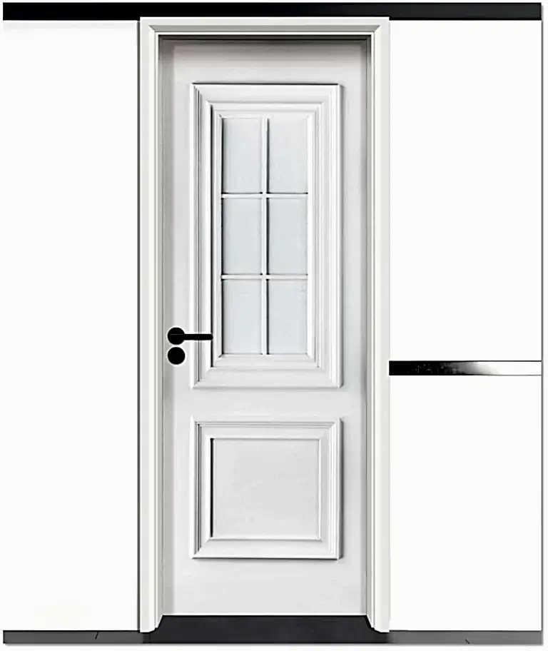 Product 6 Elegant white lacquer decorative door with a classic six-panel glass window and intricate wood detailing, featuring a modern black handle, ideal for stylish interiors.