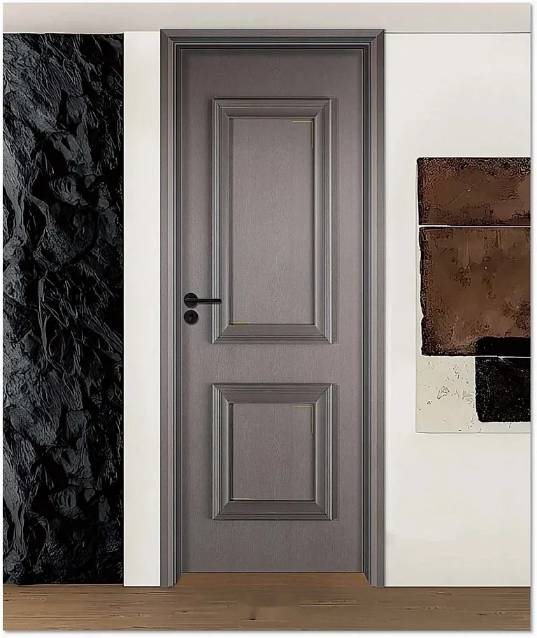 Product 5 Gray laminated decorative door with intricate panel design, black hardware, and a textured finish, enhancing modern and sophisticated interiors.