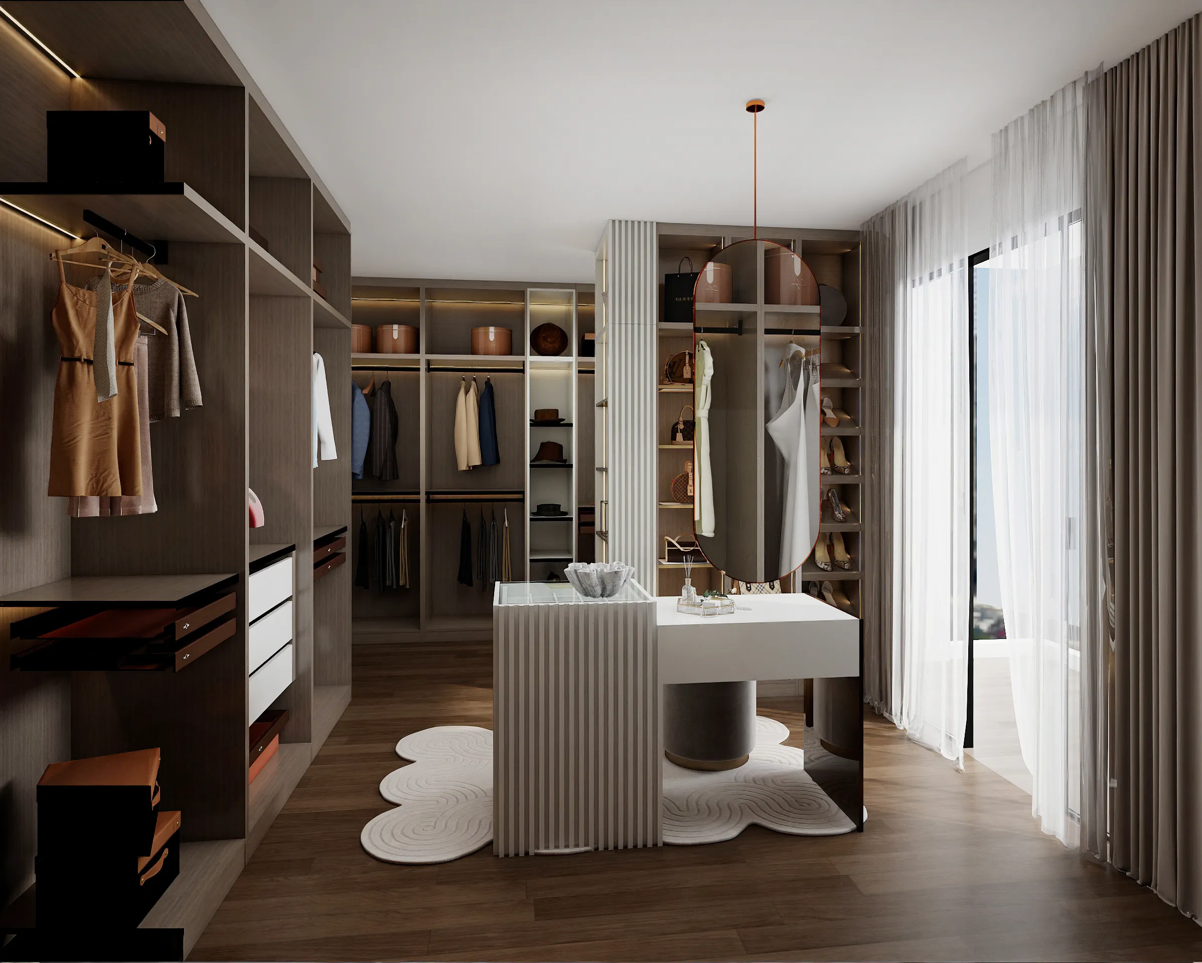 Walk In Closet 13 Elegant walk in closet with island storage and modern hanging mirror design