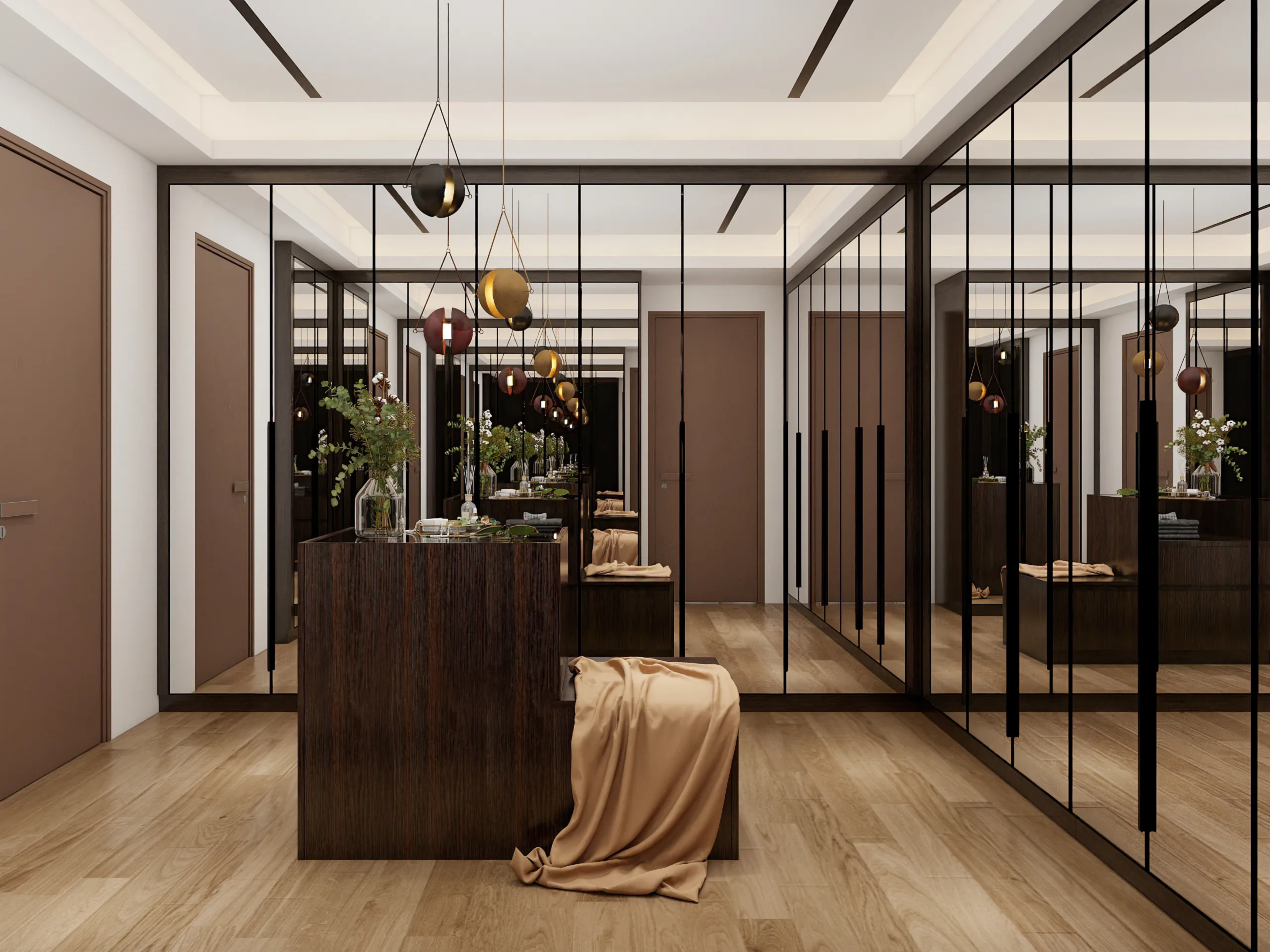 Walk In Closet 17 Modern walk in closet with mirrored cabinets and stylish island storage