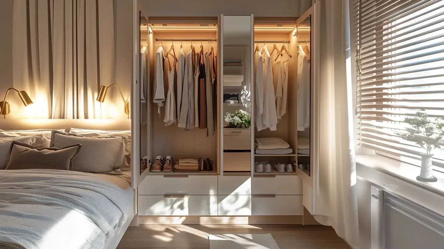 Hinge Wardrobe 10 opening hinged wardrobe doors with a bed beside