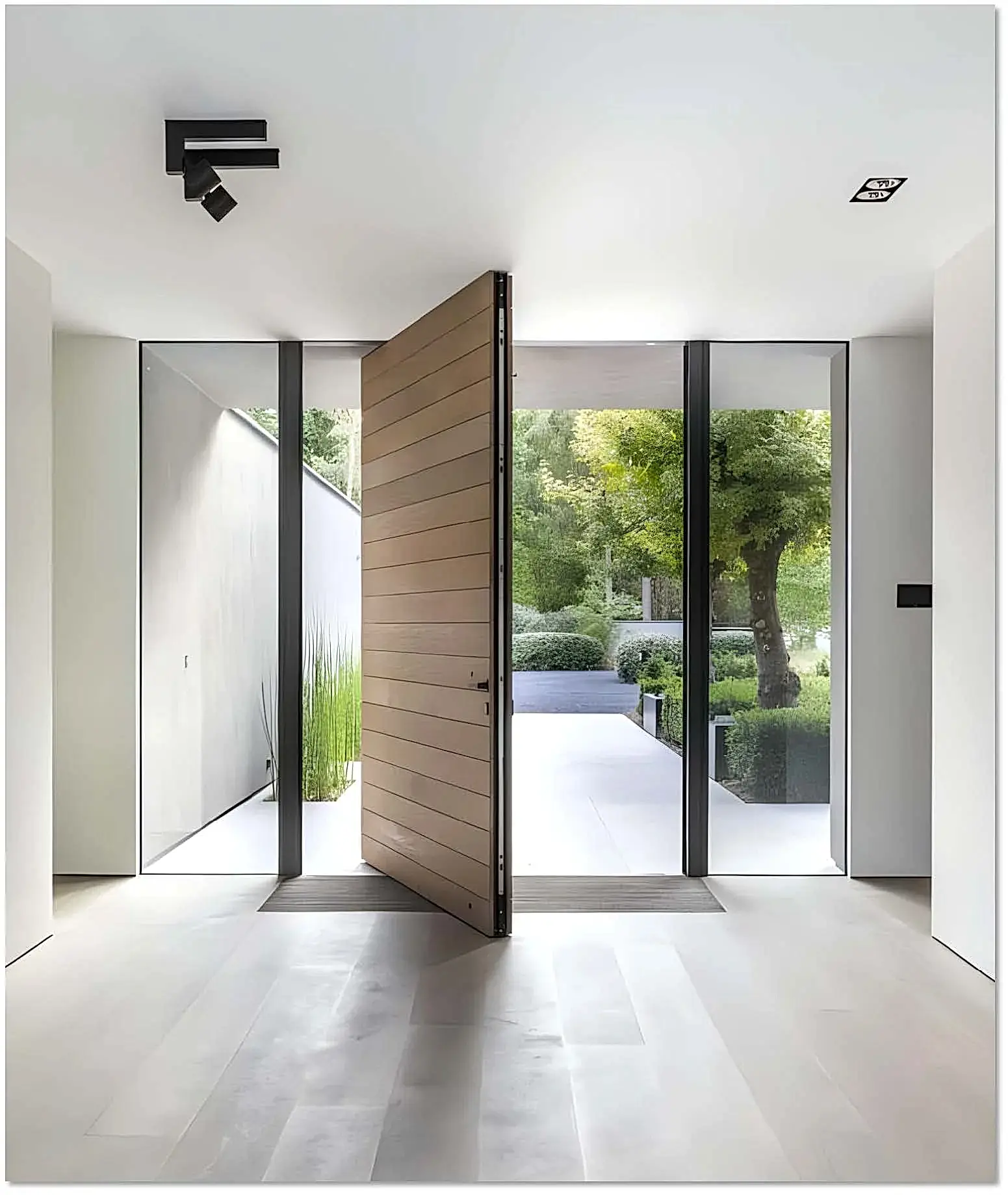 Luxury Modern Entry Door for Elegant Homes 1 Luxury modern pivot entry door with a sleek wooden finish, surrounded by floor-to-ceiling glass panels, offering an elegant and contemporary aesthetic.