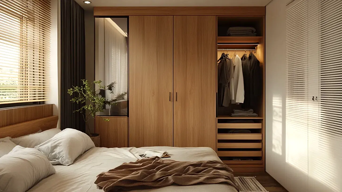 Hinge Wardrobe 12 Tiny bedroom with open hinge wardrobe