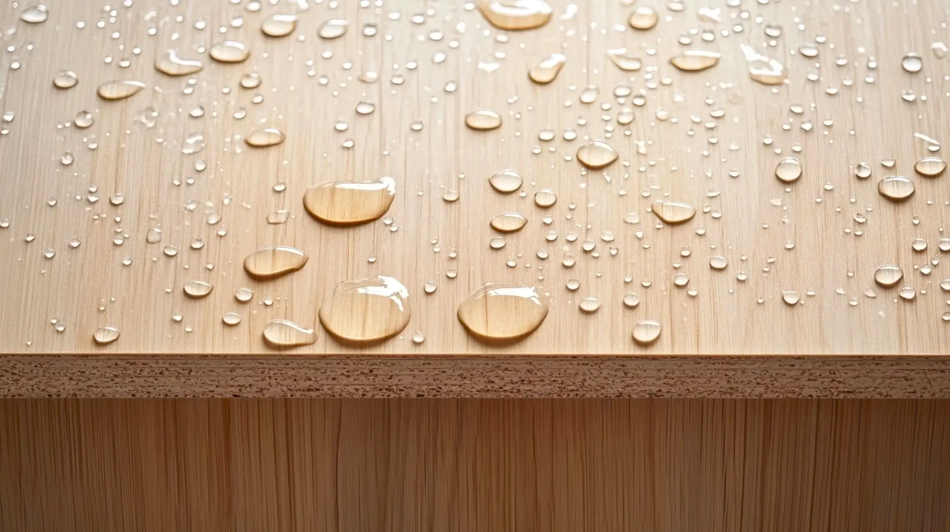 Plywood Kitchen Cabinets 20 Water droplets beading on plywood surface showing moisture resistance.