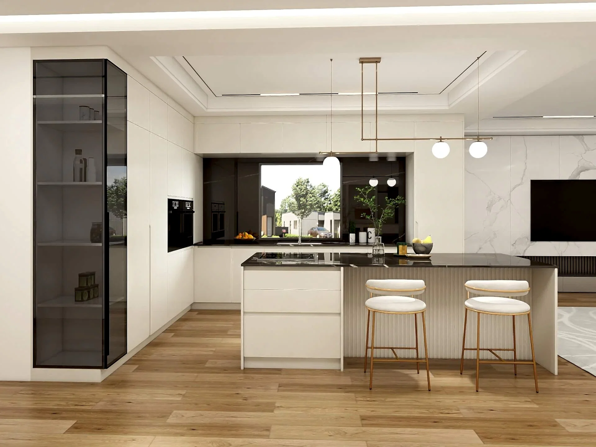 Plywood Kitchen Cabinets 15 Custom plywood kitchen cupboards with taupe finish, marble island and cylindrical black range hood.